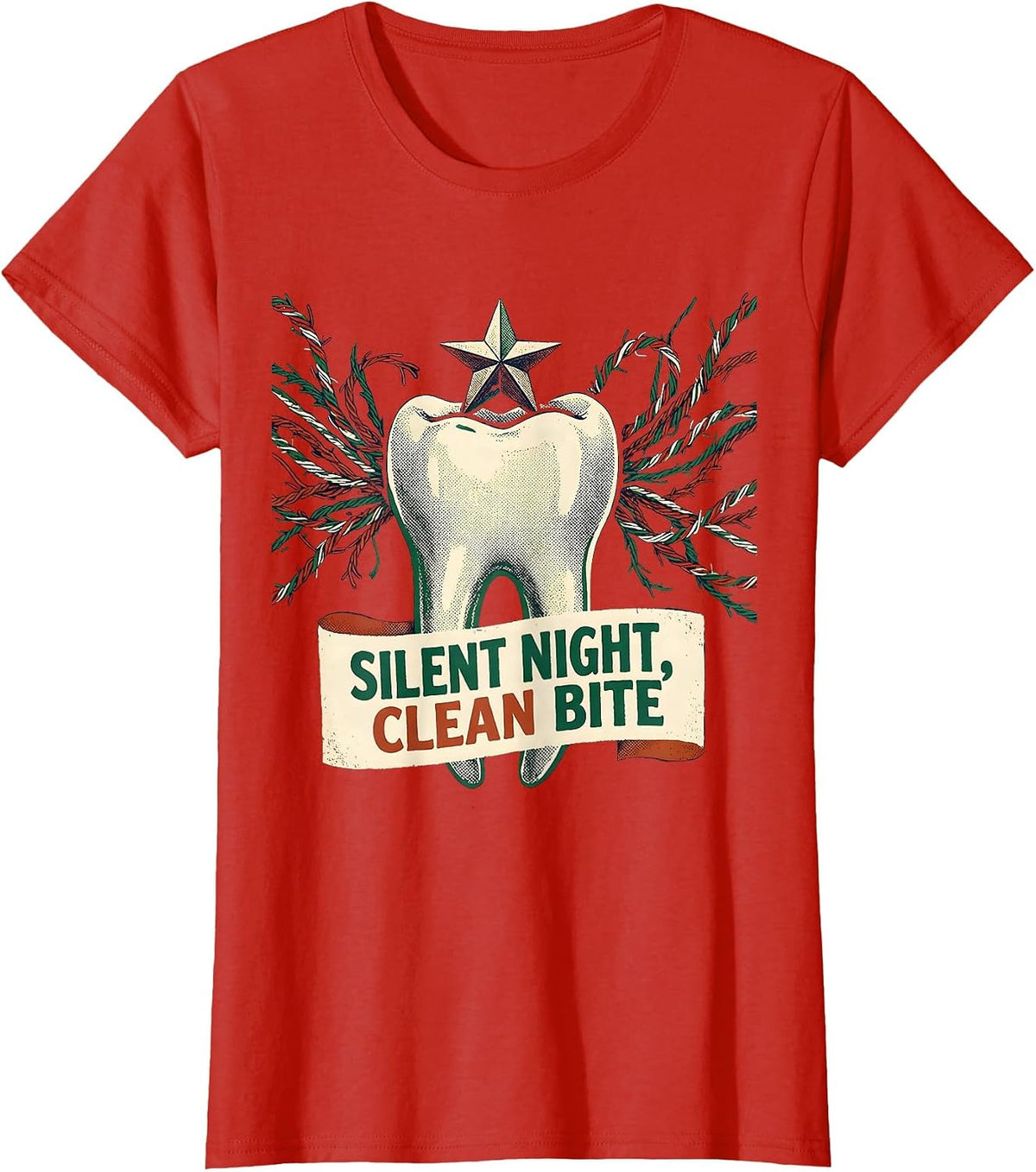 Silent Night, Clean Bite Vintage Dental Christmas Dentist T-Shirt - Red
