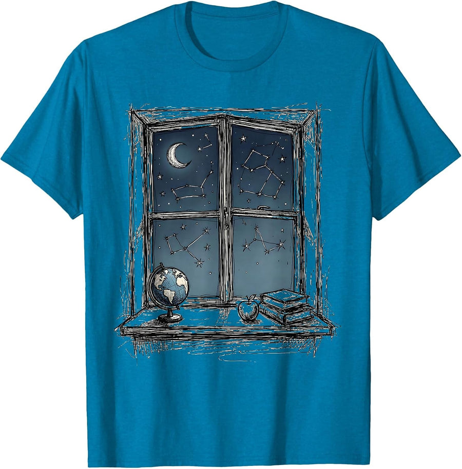Night Sky Classroom Window Teacher Graphic T-Shirt - Sapphire Blue