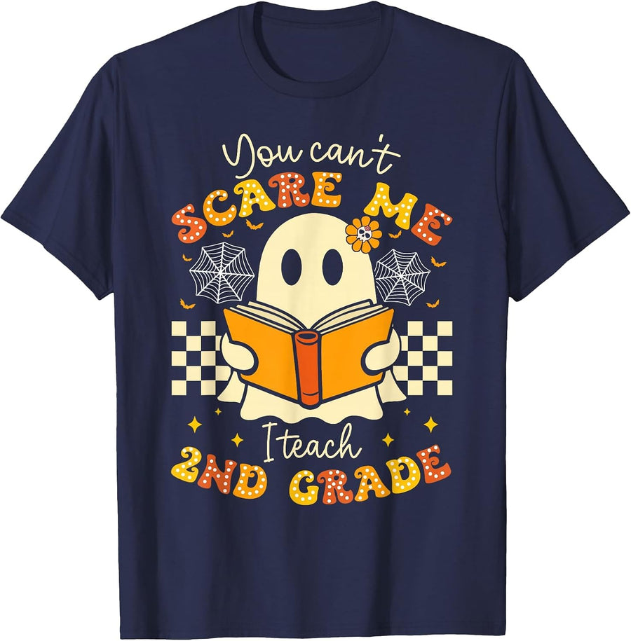 You Can't Scare Me I Teach 2nd Grade Teacher Halloween Ghost T-Shirt - Navy Blue