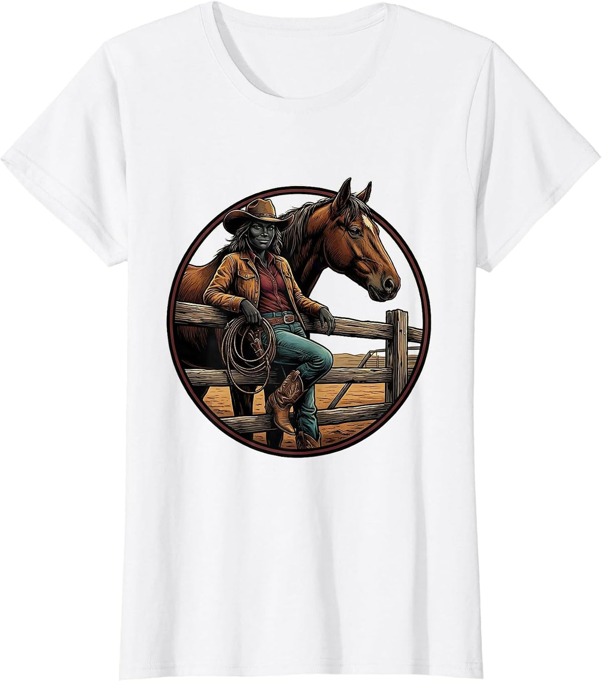 Women's Black Cowgirl Rodeo Badge Western Pride Illustration T-Shirt - White