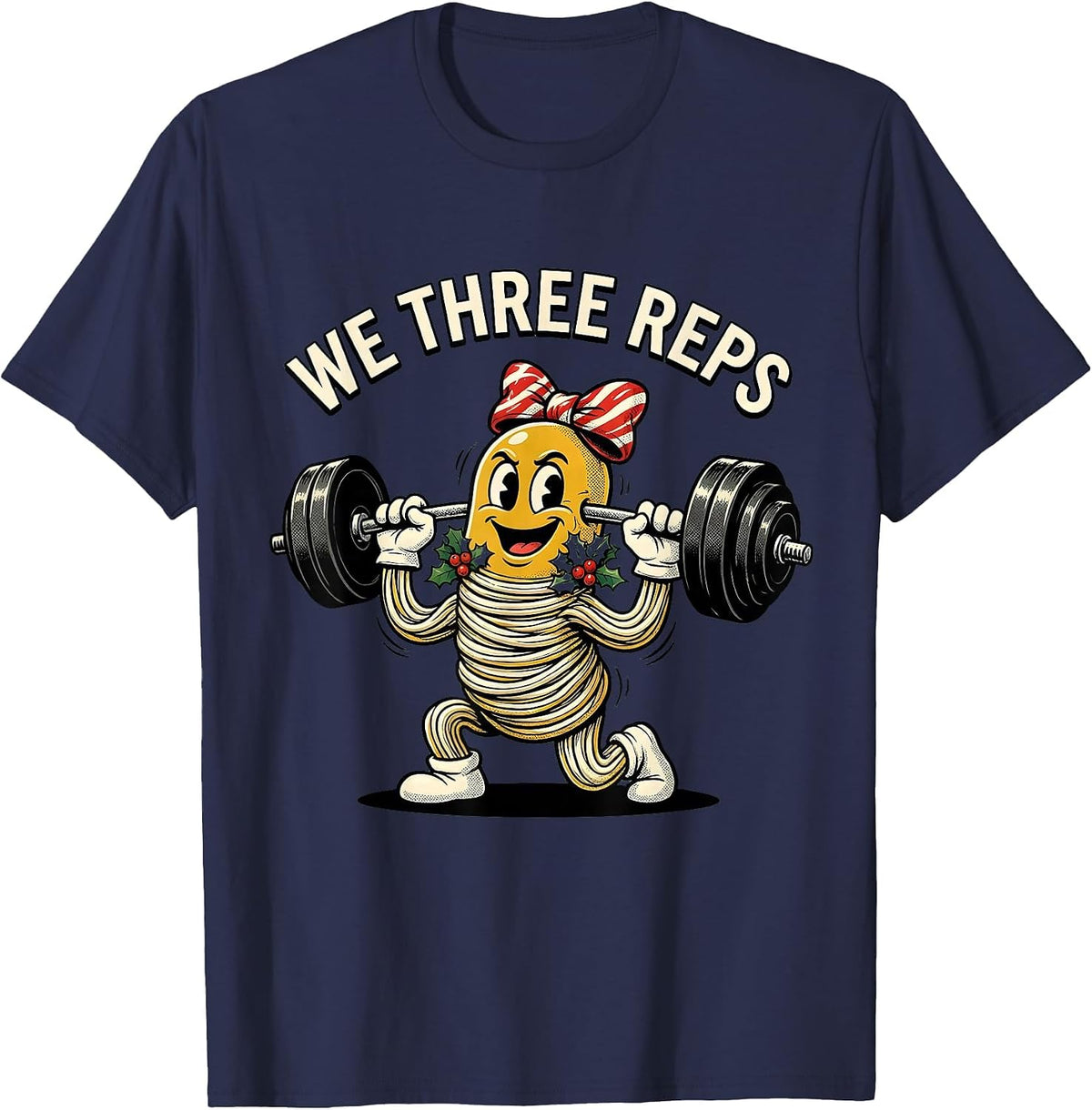 We Three Reps Retro Cartoon Christmas Gym Workout Humor T-Shirt - Navy Blue