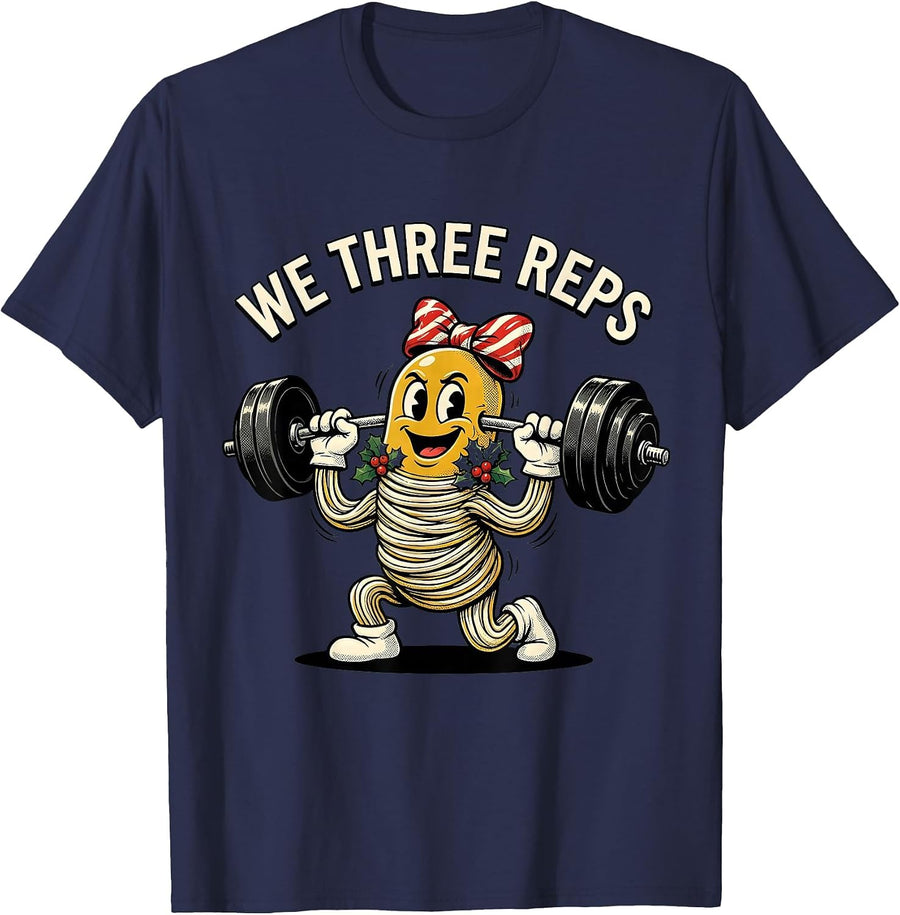 We Three Reps Retro Cartoon Christmas Gym Workout Humor T-Shirt - Navy Blue