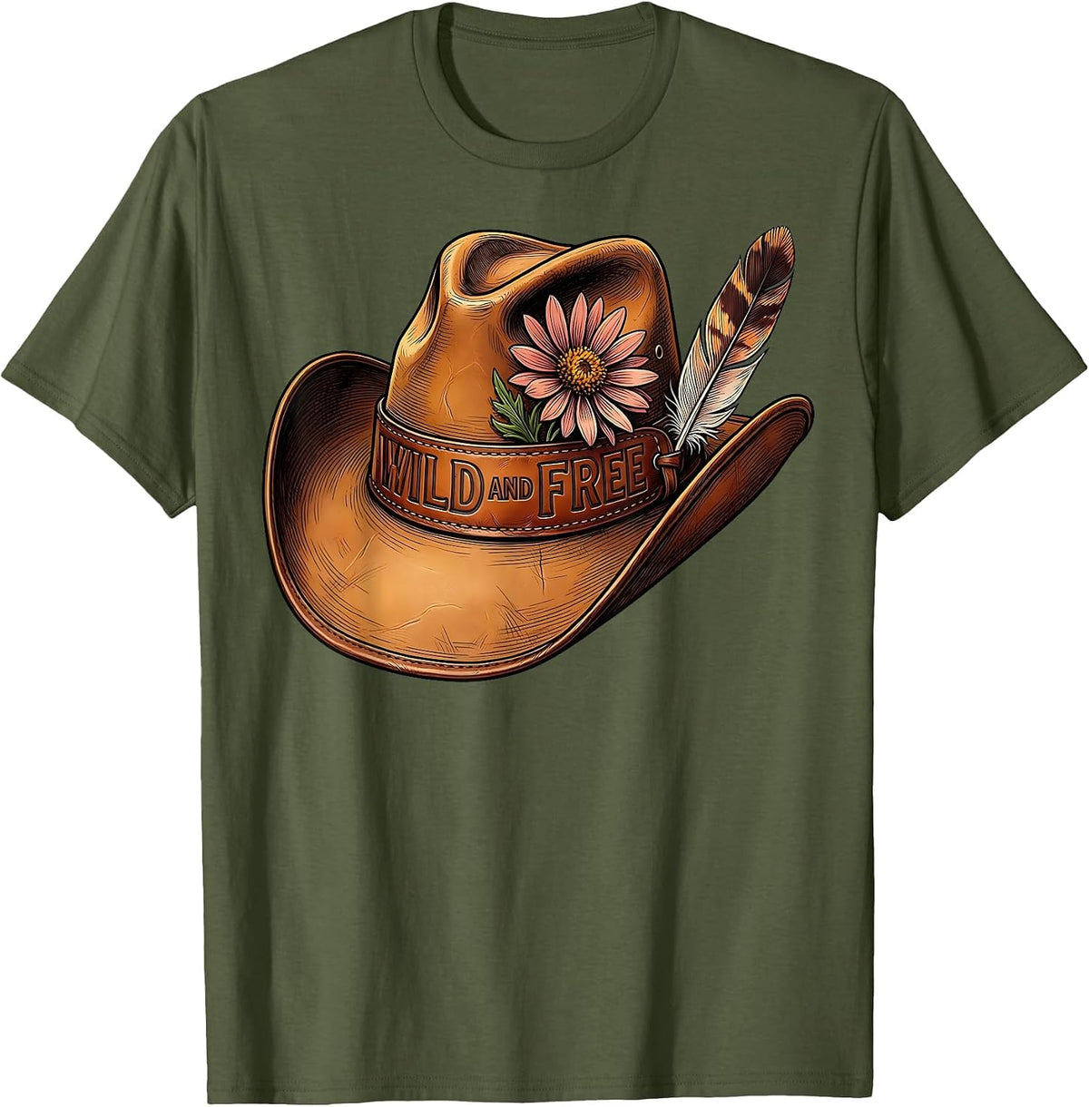 Wild and Free Womens Western Boho Design T-Shirt - Olive Green