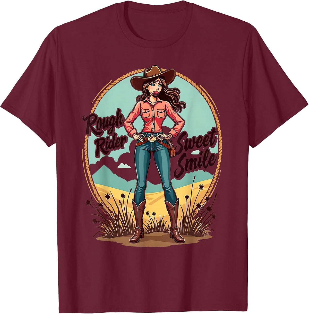 Rough Rider Sweet Smile Western Rodeo Mama Design T-Shirt - Burgundy