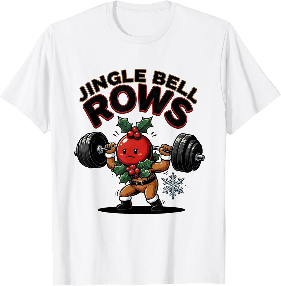 Men's Jingle Bell Rows Funny Christmas Gym Workout Weightlifting T-Shirt - White