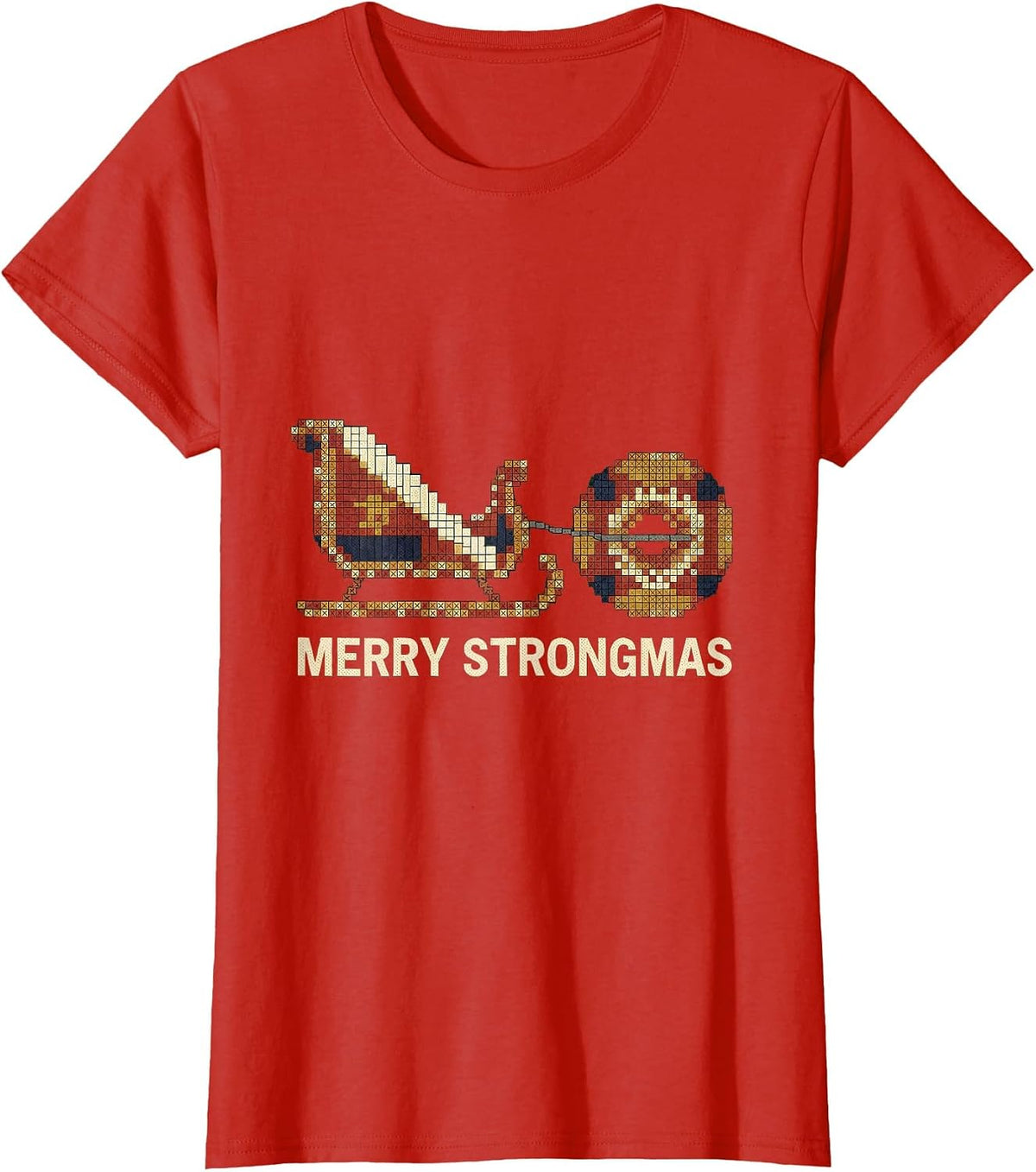 Merry Strongmas Cross Stitch Sampler Funny Christmas Gym T-Shirt - Red