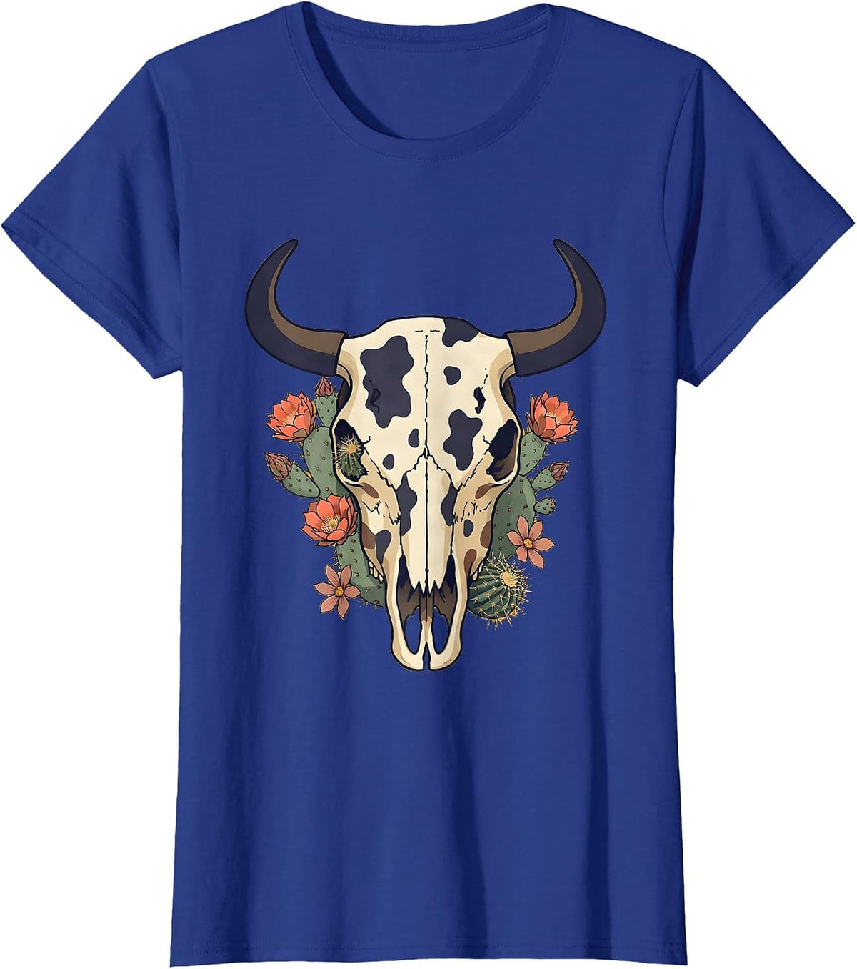Women's Cow Skull Desert Flowers Cow Print Graphic T-Shirt - Royal Blue