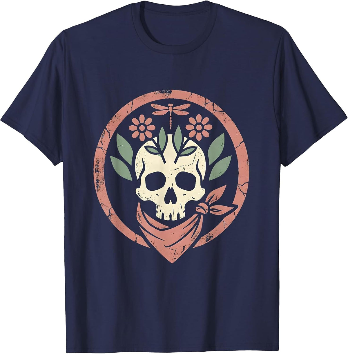 Cowgirl Skull Floral Bandana Western Design T-Shirt - Navy Blue