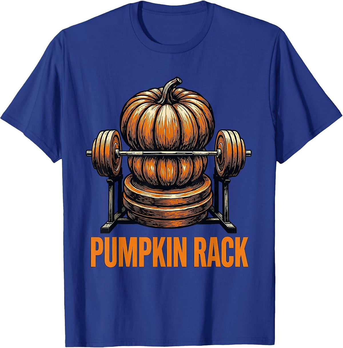 Men's Pumpkin Rack Linocut Funny Halloween Gym Workout Lifting Pun T-Shirt - Royal Blue