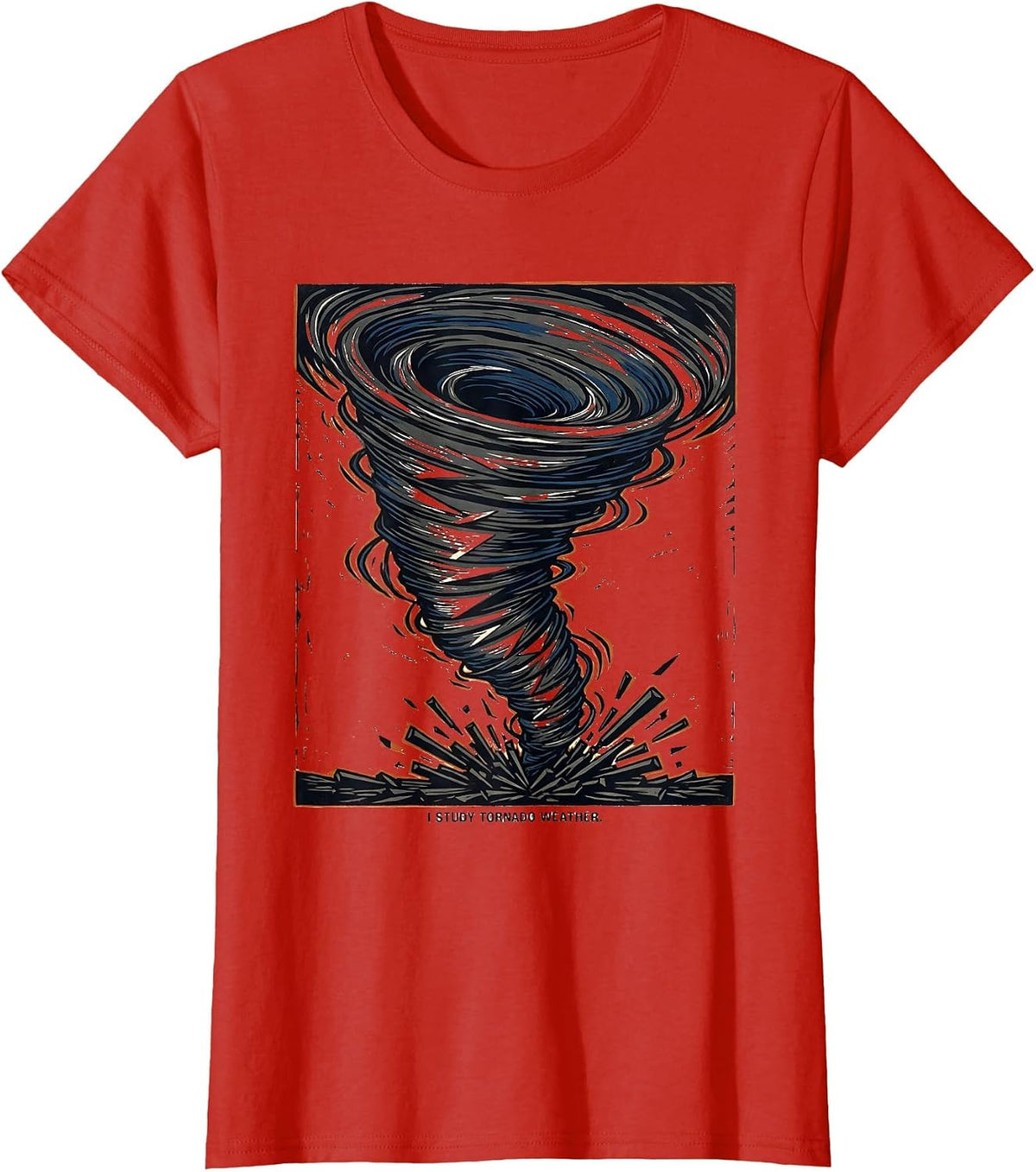 Women's I Study Tornado Weather Linocut Meteorology Enthusiast Storm T-Shirt - Red