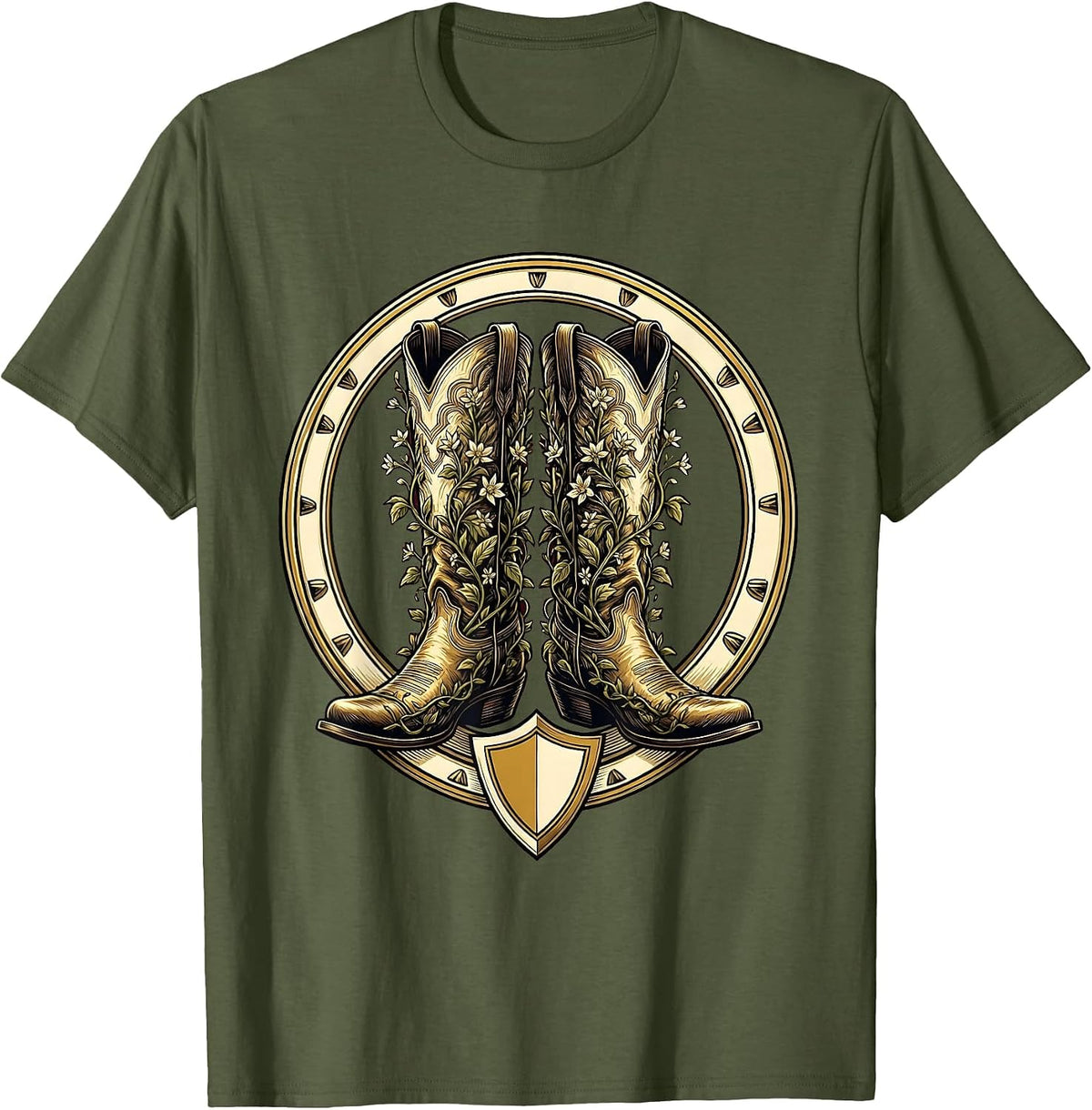 Western Boots Wildflower Vines Boho Floral Design T-Shirt - Olive Green