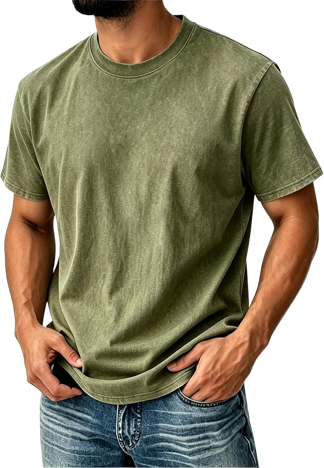 Mens Short Sleeve Shirts Distressed Washed Casual Shirts Crew Neck Vintage Retro Acid Wash Summer Denim Tee Tops - Pf33-army
