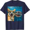 Funny Corgi Dog Selfie with Shark Ocean Lovers T-Shirt - Navy Blue
