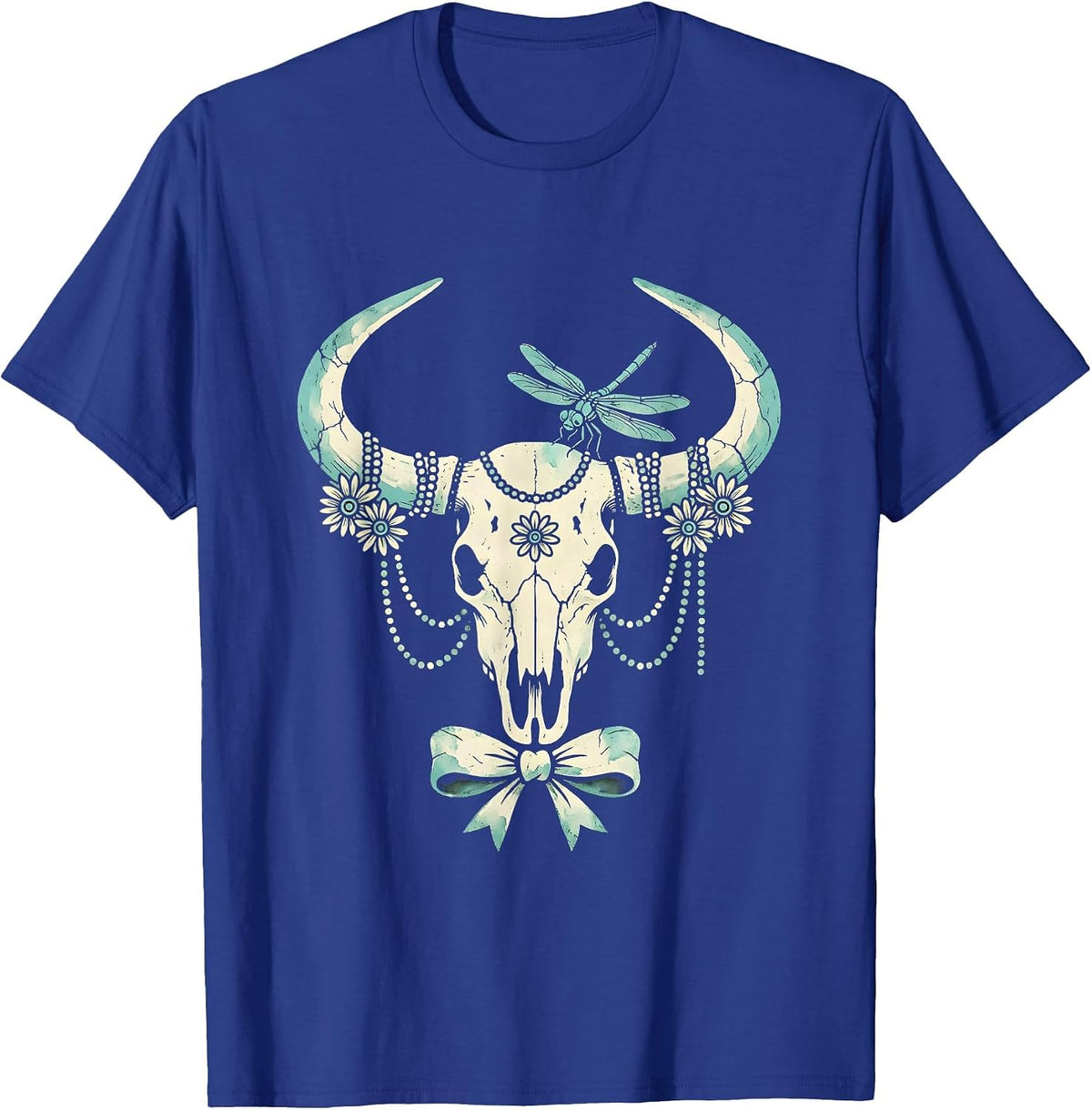 Longhorn Skull with Turquoise Beads Western Design T-Shirt - Royal Blue