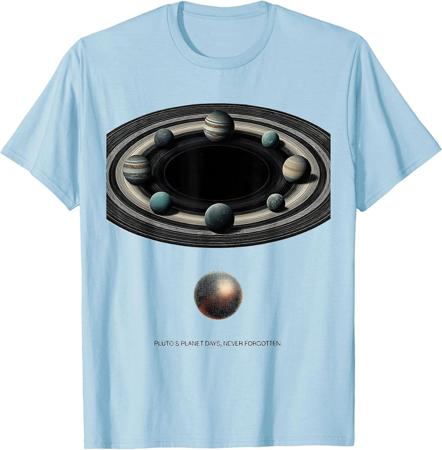 Men's Pluto's Planet Days Never Forgotten Retro Funny Science T-Shirt - Baby Blue