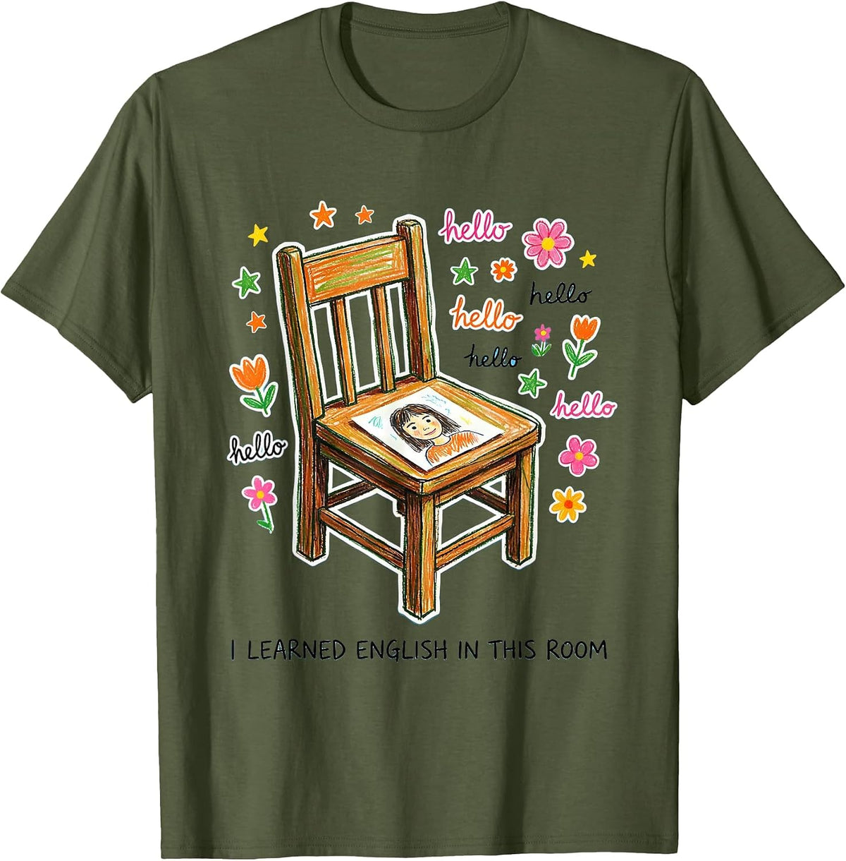 Men's I Learned English In This Room Naive Kidcore ESL English T-Shirt - Olive Green