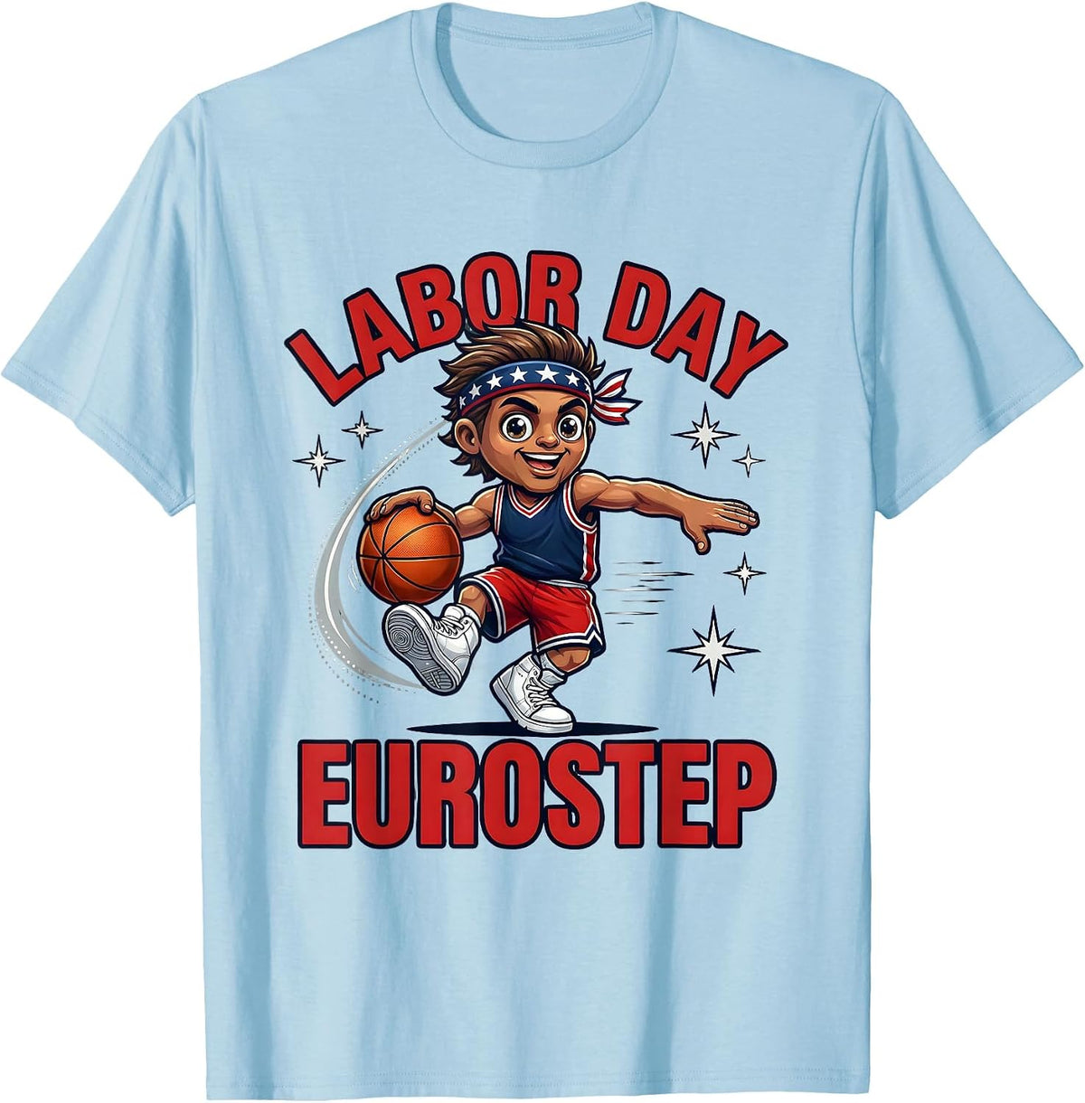 Men's LABOR DAY EUROSTEP Cartoon Basketball Player Patriotic T-Shirt - Baby Blue