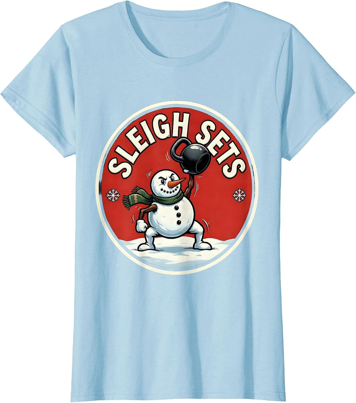 Women's Sleigh Sets Cartoon Christmas Weightlifting Gym Humor T-Shirt - Baby Blue