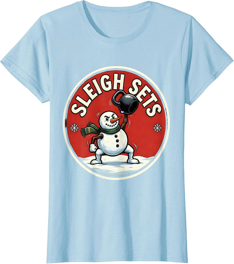 Women's Sleigh Sets Cartoon Christmas Weightlifting Gym Humor T-Shirt - Baby Blue