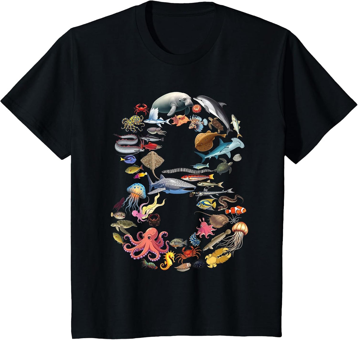 8 Years Old 8th Birthday Sea Ocean Animals Figures Number 8 T-Shirt - Black