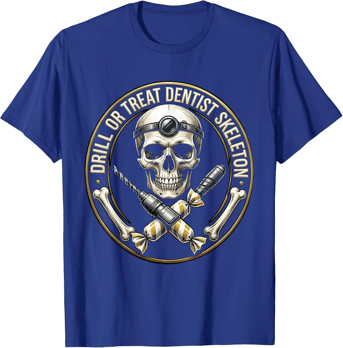 Men's Drill or Treat Halloween Dentist Skeleton Design T-Shirt - Royal Blue