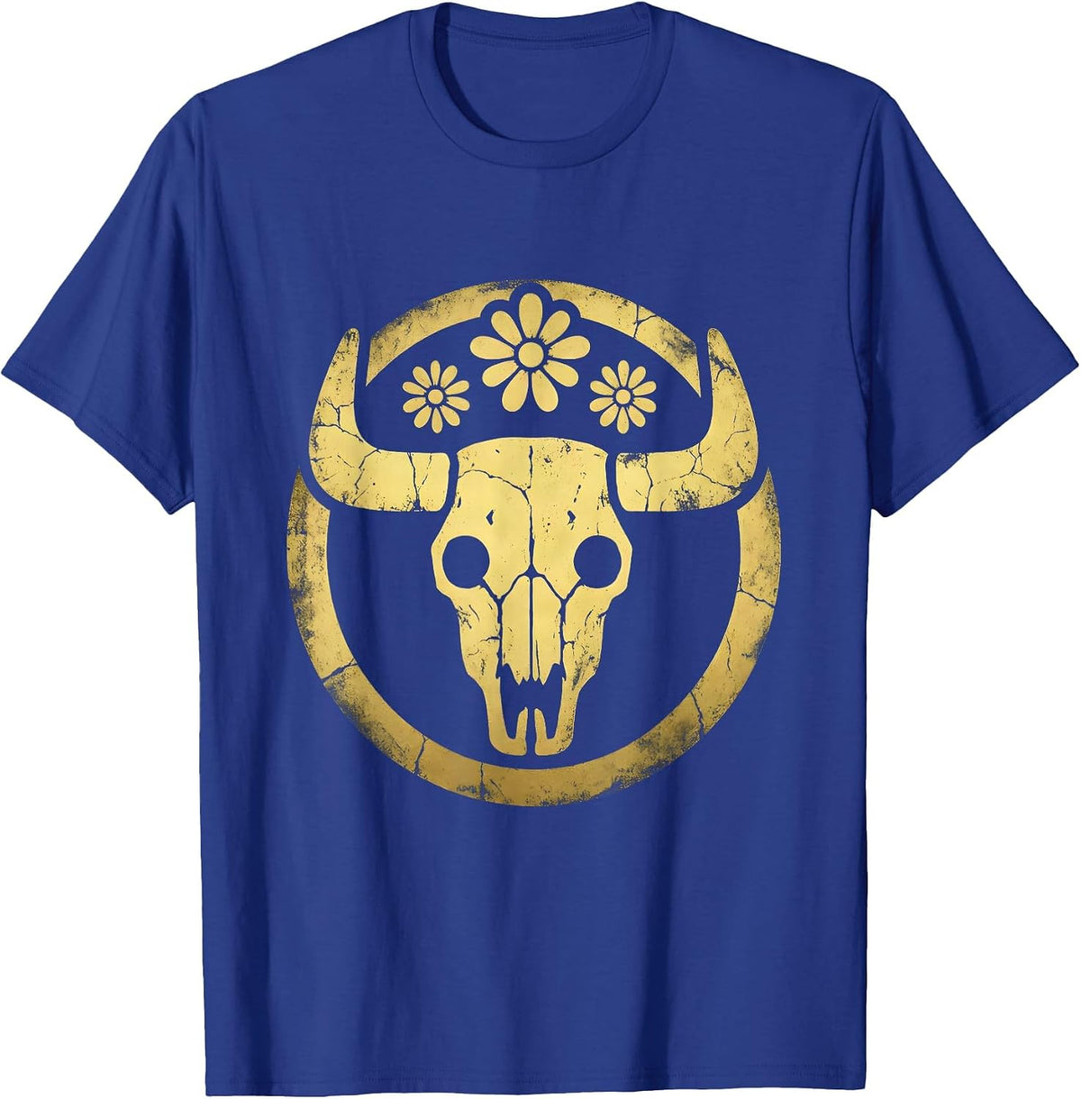 Cow Skull Floral Crown Boho Western Illustration T-Shirt - Royal Blue