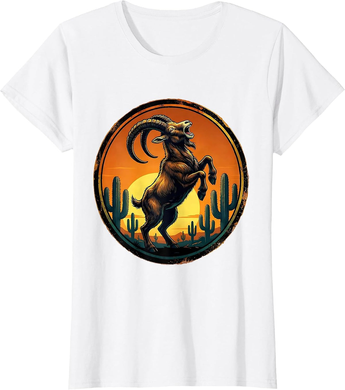 Women's Wild Goat Howling at Desert Sunset Sky T-Shirt - White
