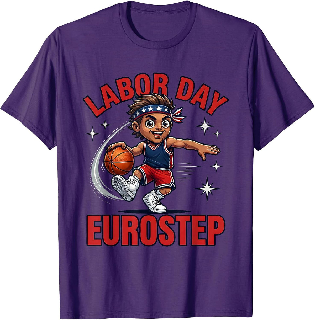 Men's LABOR DAY EUROSTEP Cartoon Basketball Player Patriotic T-Shirt - Purple