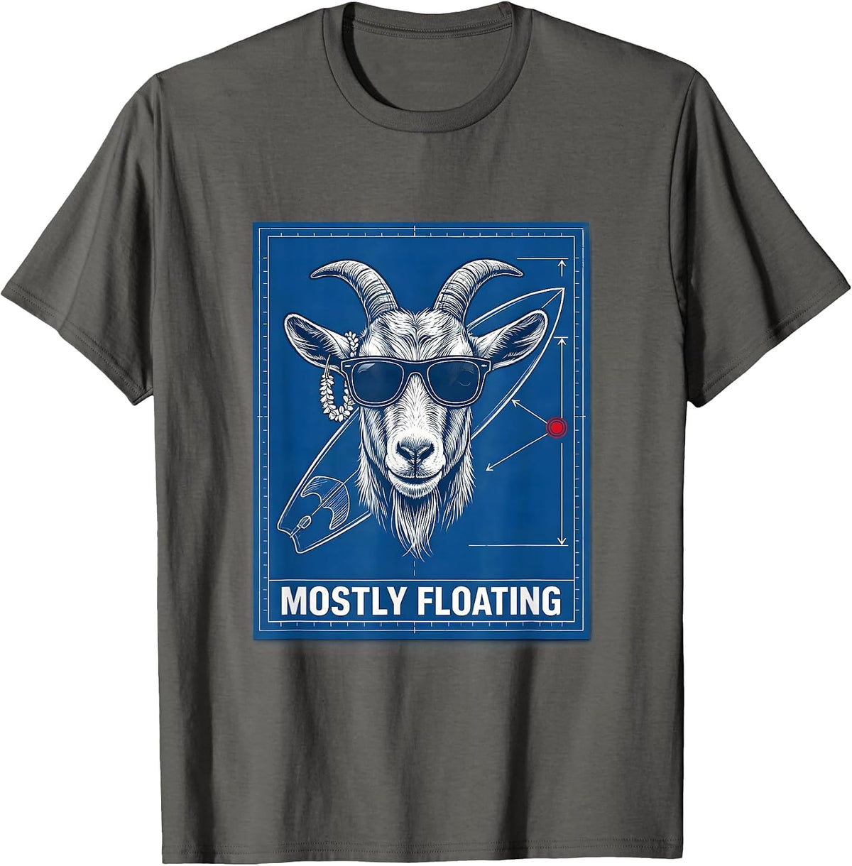 Men's Mostly Floating Technical Blueprint Goat Surfboard Humor T-Shirt - Asphalt Grey
