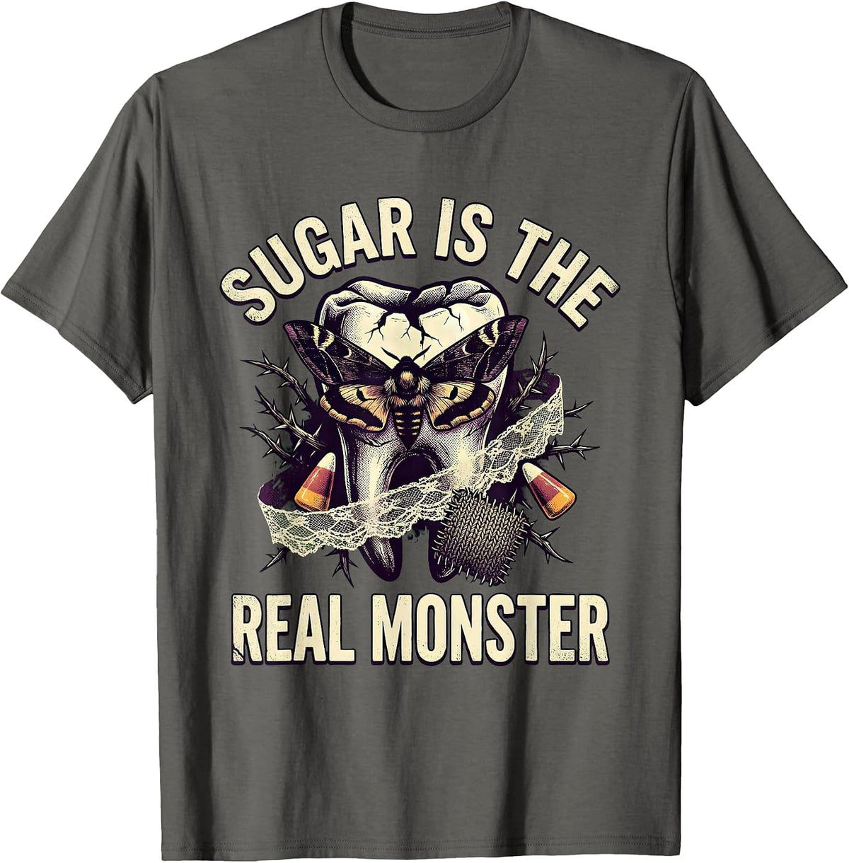 Sugar Is the Real Monster Dental Halloween Design T-Shirt - Asphalt Grey
