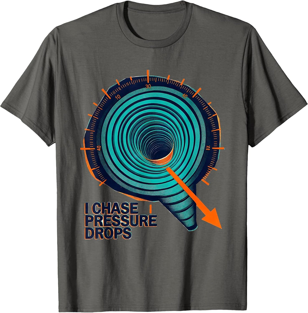 Men's I Chase Pressure Drops Risograph Tornado Chaser Meteorology T-Shirt - Asphalt Grey