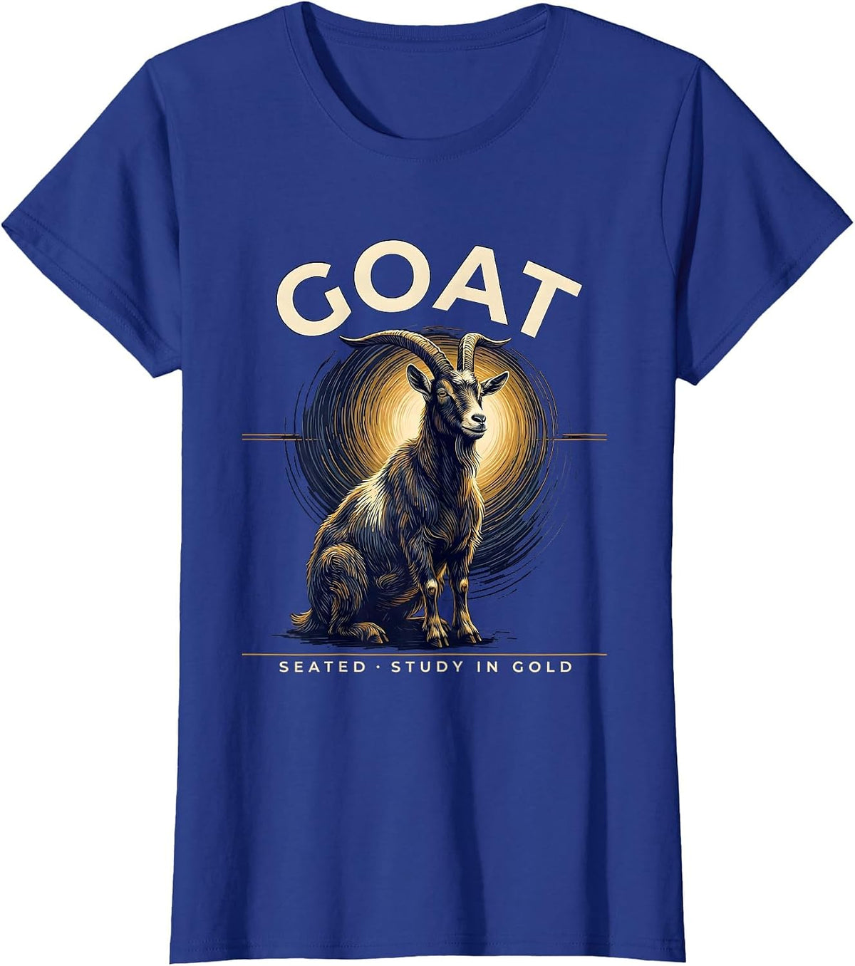 Women's Goat Seated Study In Gold Van Gogh Starry Night Animal T-Shirt - Royal Blue