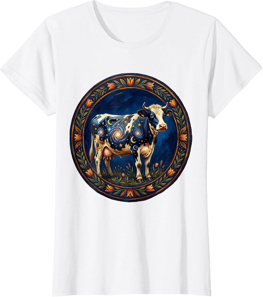 Women's Cosmic Cow Galaxy Pattern Illustration T-Shirt - White