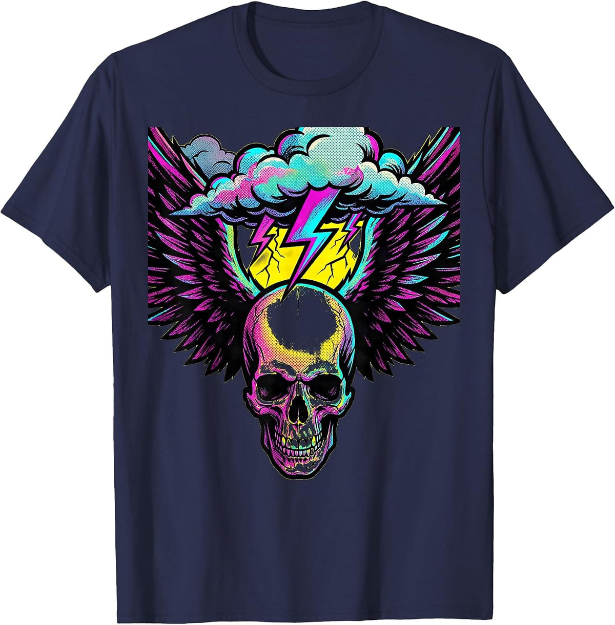 Winged Skull Storm Clouds Rock Graphic T-Shirt - Navy Blue