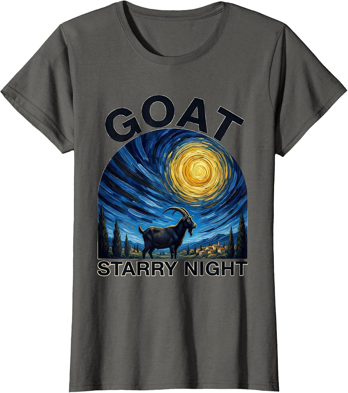 Women's Goat Starry Night Funny Art Lover Van Gogh Style T-Shirt - Asphalt Grey