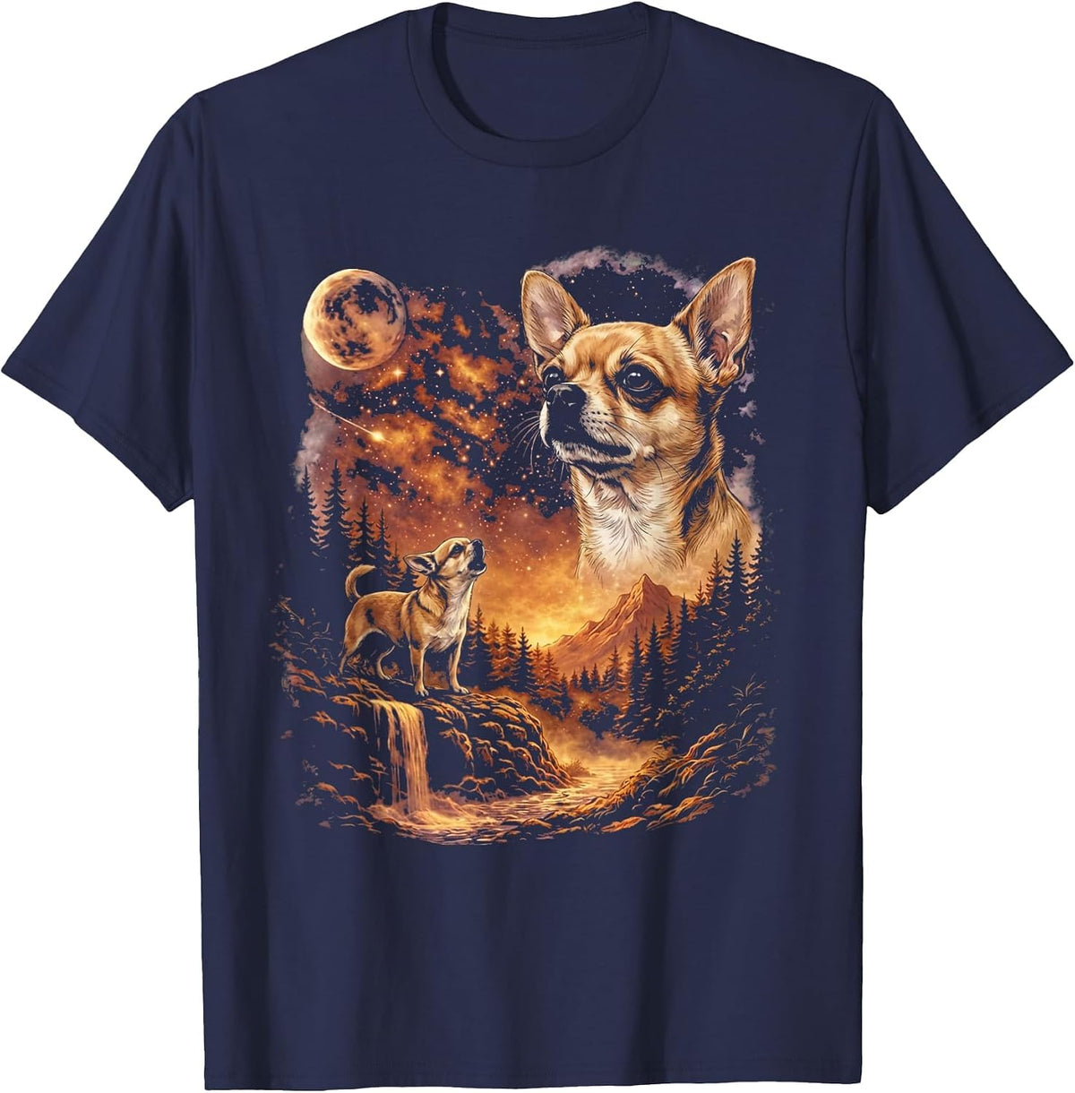 Chihuahua Howling to The Moon Funny Dog T-Shirt - Navy Blue