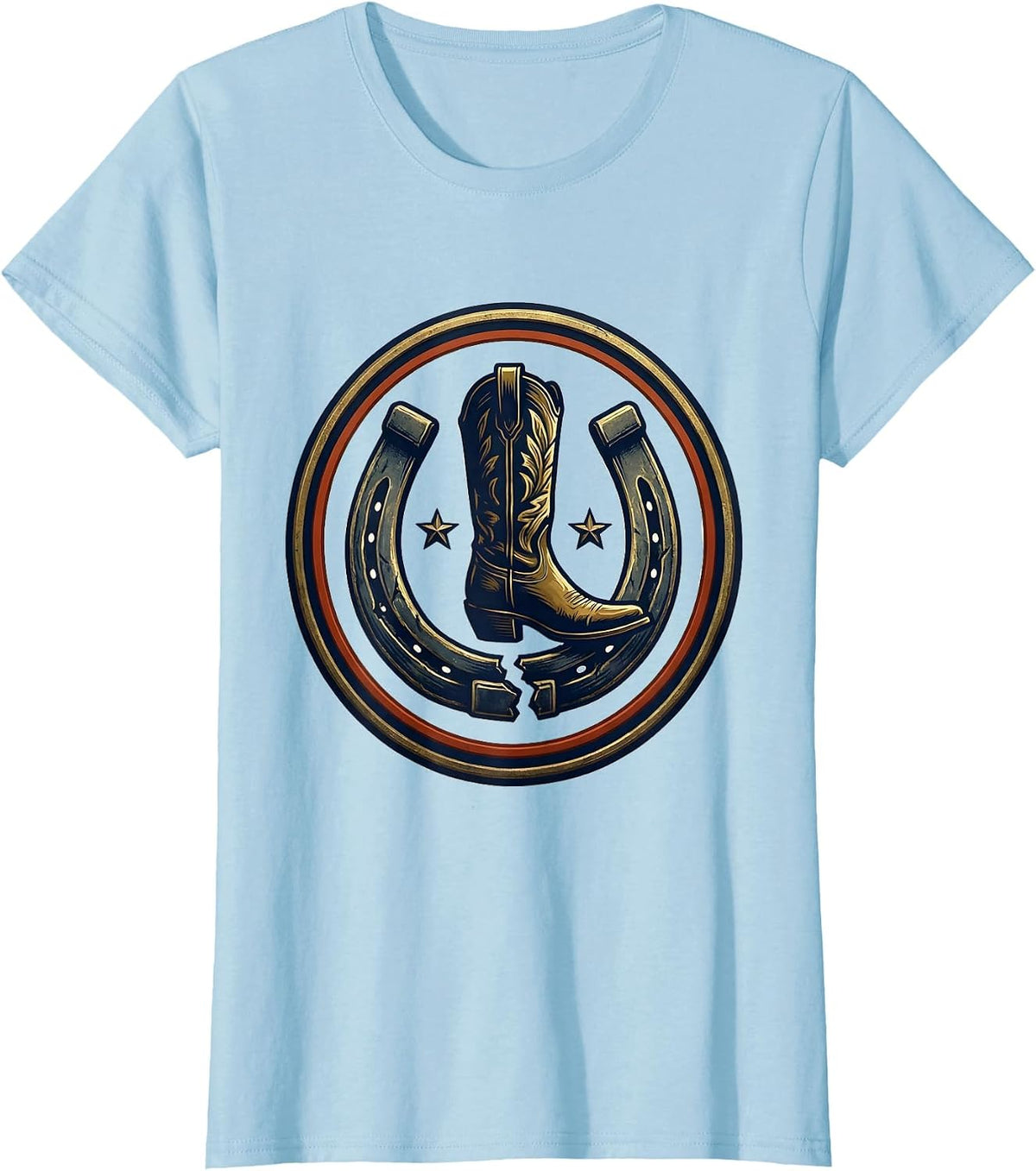 Western Boot Horseshoe Emblem Cowgirl Rodeo Pride T-Shirt - Baby Blue