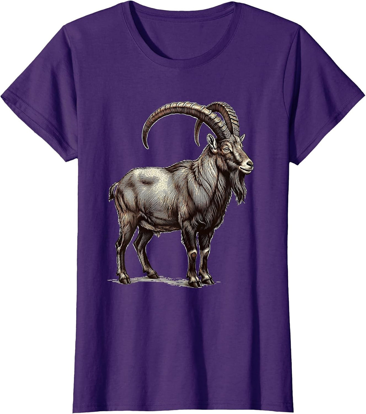 Women's Mountain Goat Crosshatch Etching Minimalist Line Art T-Shirt - Purple
