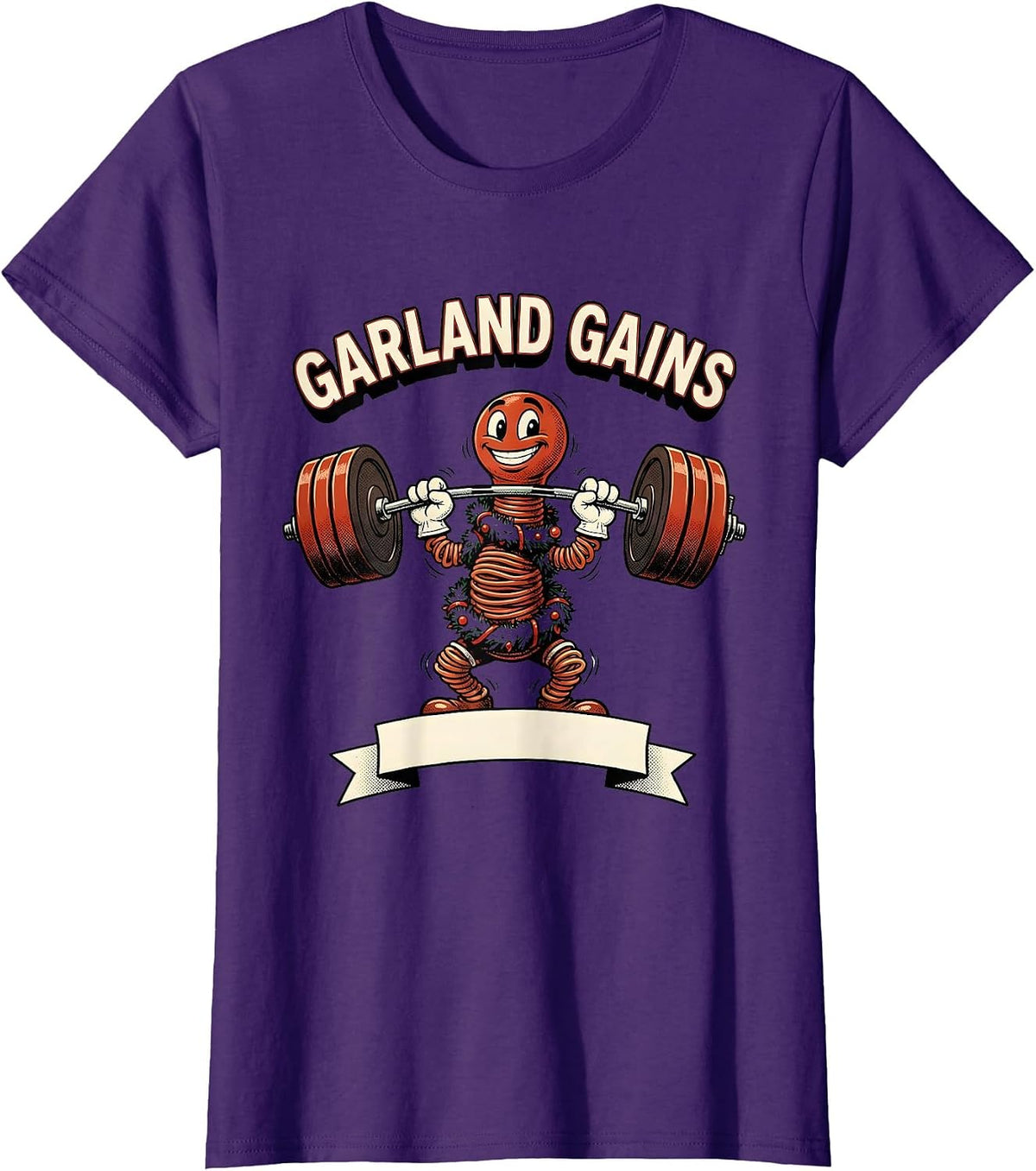 Women's Garland Gains Retro Cartoon Funny Christmas Gym Fitness T-Shirt - Purple