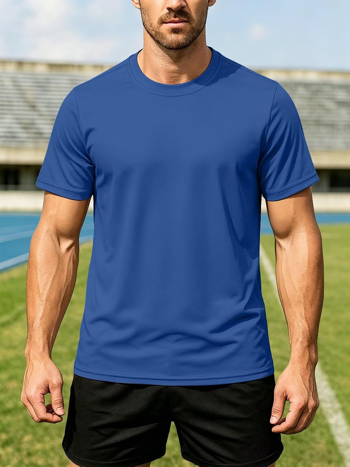 Mens Athletic T Shirt Short Sleeve Crewneck Workout Gym Training Top - Royal Blue
