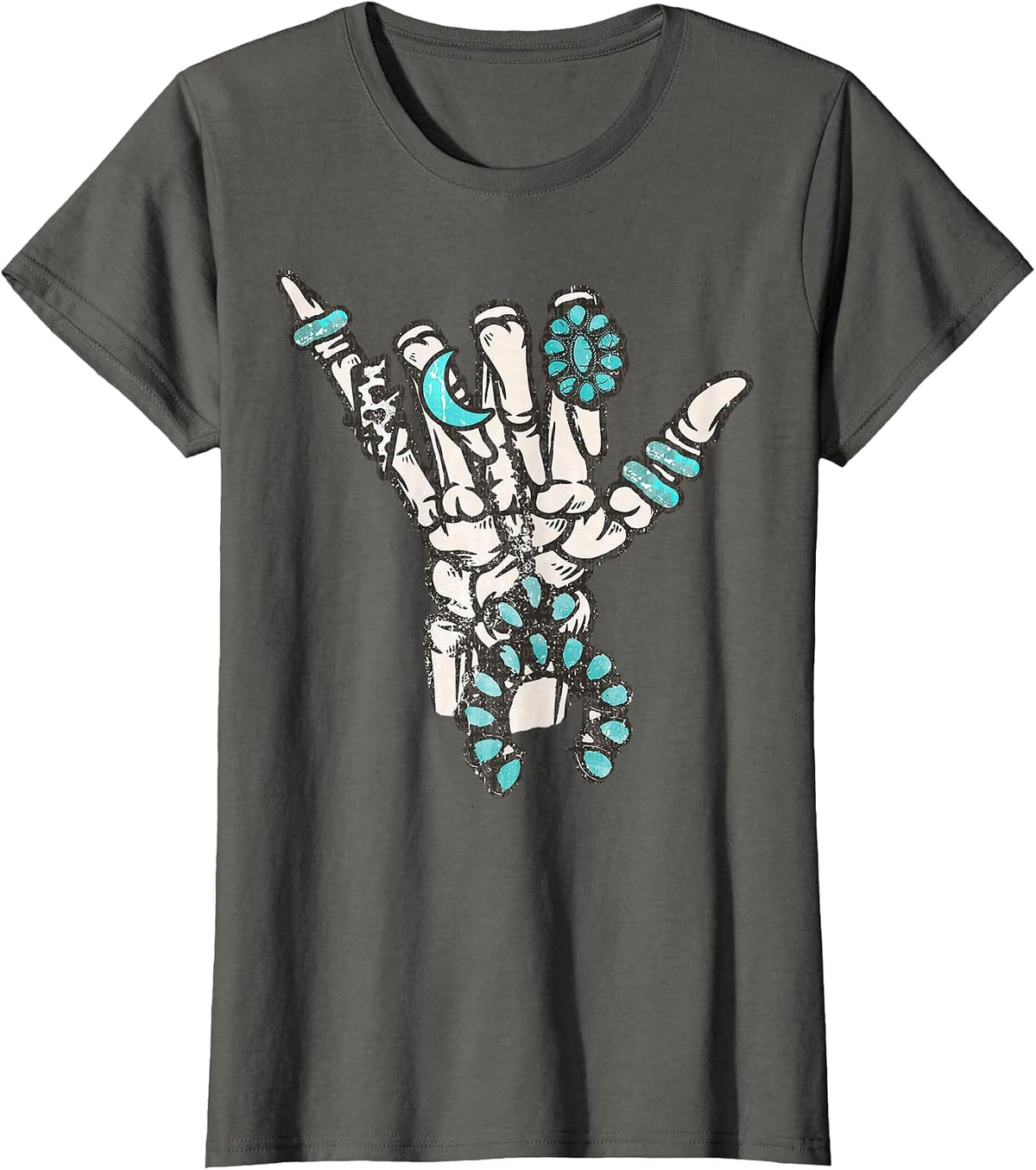 Western Turquoise Rings Skeleton Hands Cowgirl T-Shirt - Asphalt Grey