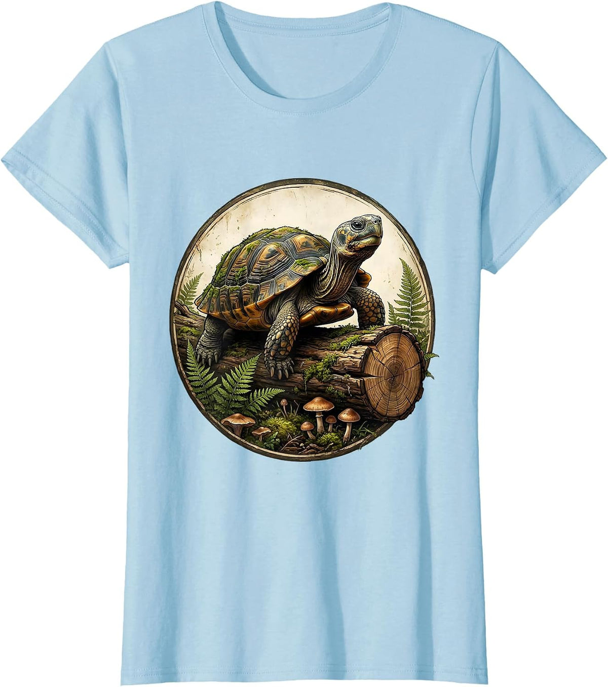 Women's Ancient Turtle Resting on Log Mossy Shell Art T-Shirt - Baby Blue