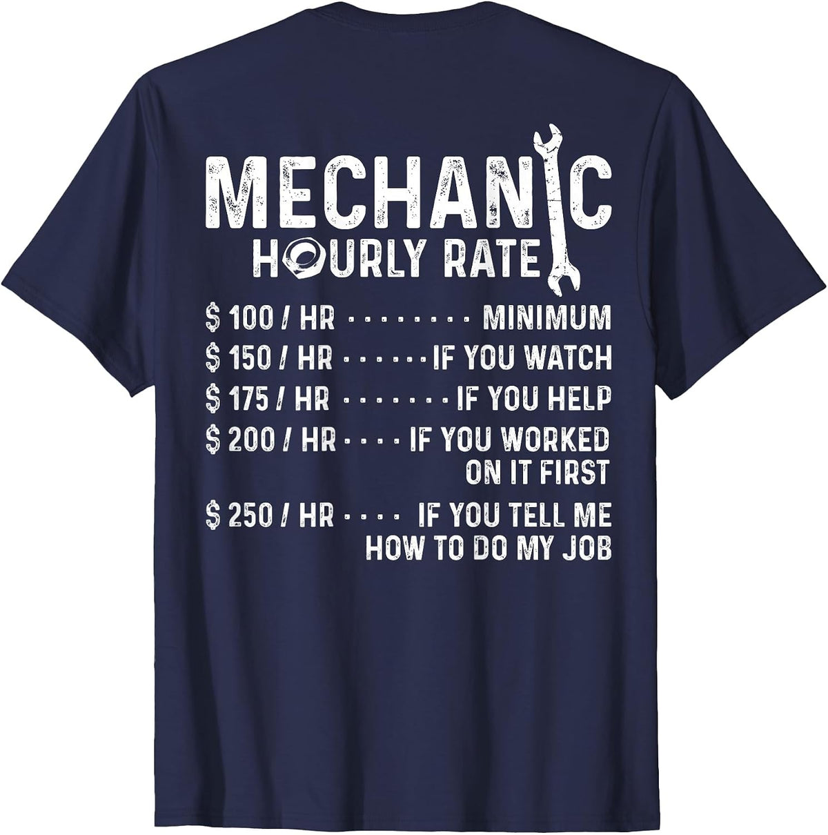 Funny Mechanic Hourly Rate T-Shirt - Design On Back - Navy Blue