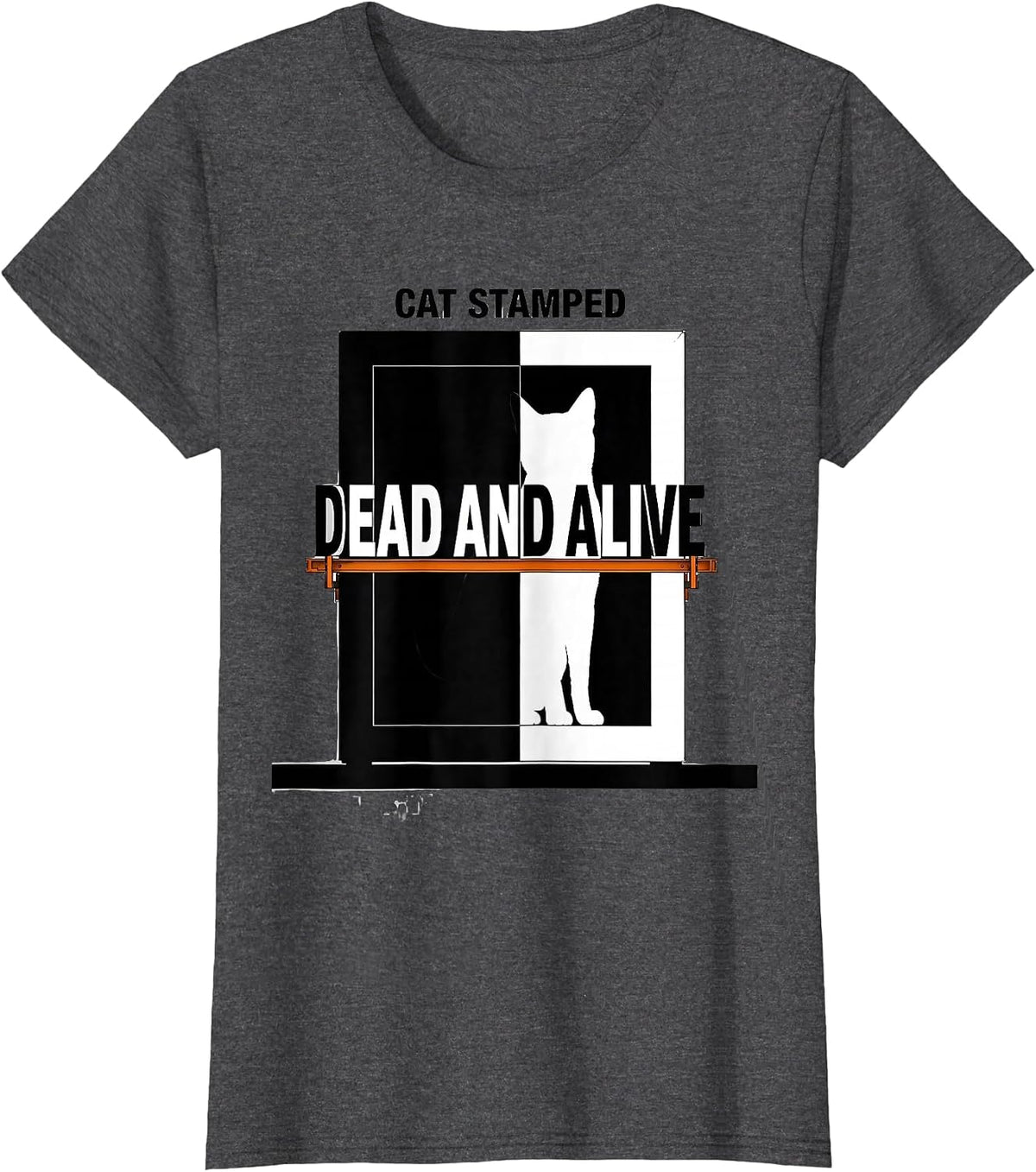 Women's Cat Stamped Dead And Alive Brutalist Graphic Quantum Physics T-Shirt - Dark Heather Grey