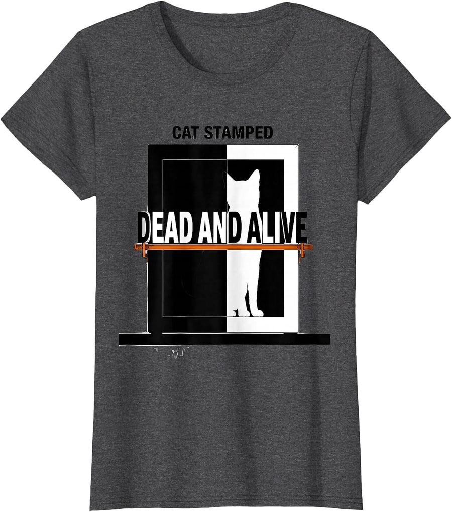 Women's Cat Stamped Dead And Alive Brutalist Graphic Quantum Physics T-Shirt - Dark Heather Grey