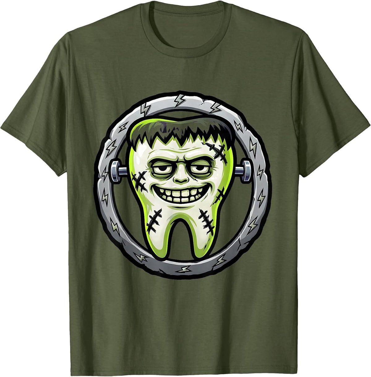 Frankenstein Tooth Halloween Dental Graphic T-Shirt - Olive Green