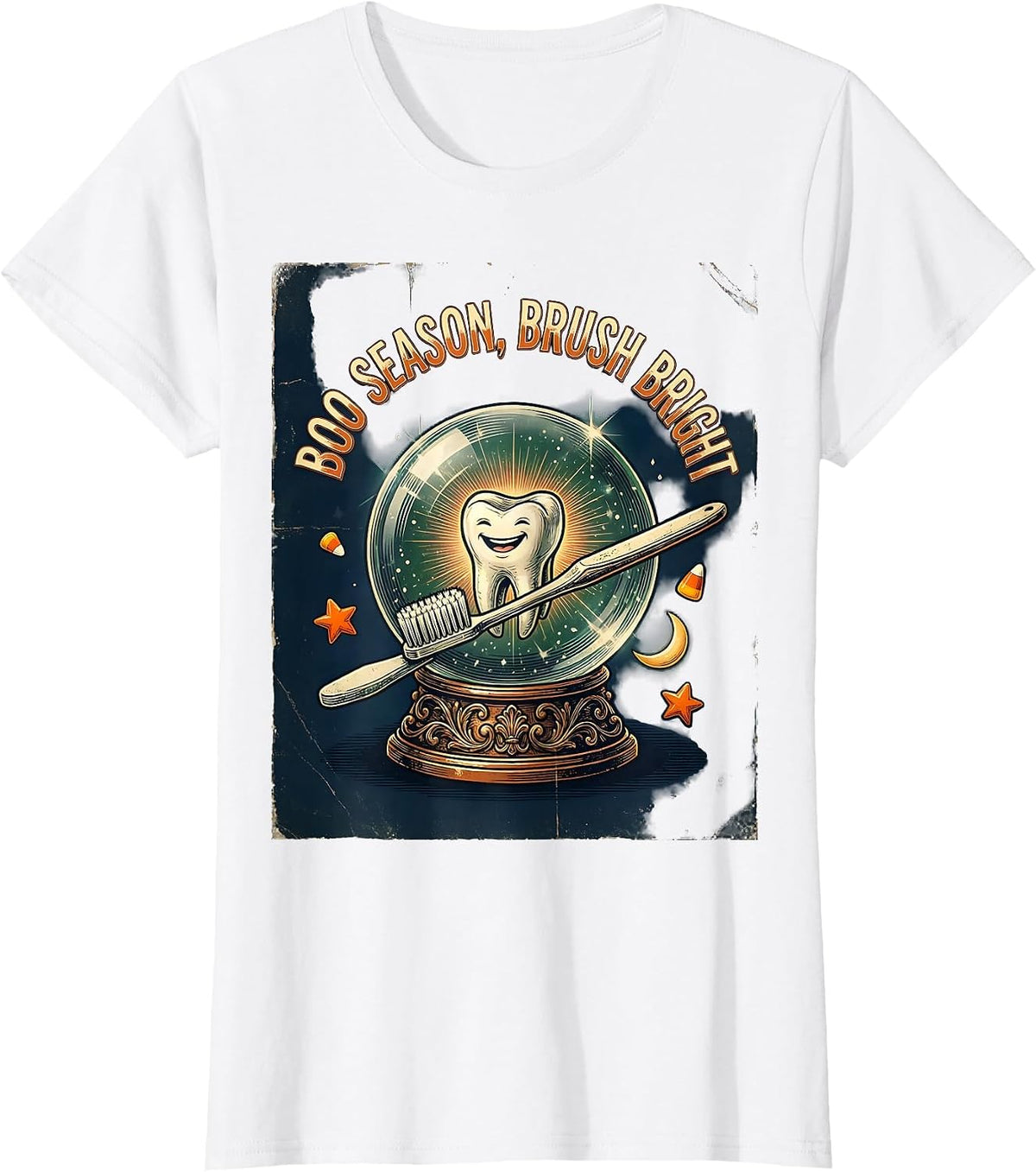 Boo Season Brush Bright Vintage Halloween Dentist Dental T-Shirt - White