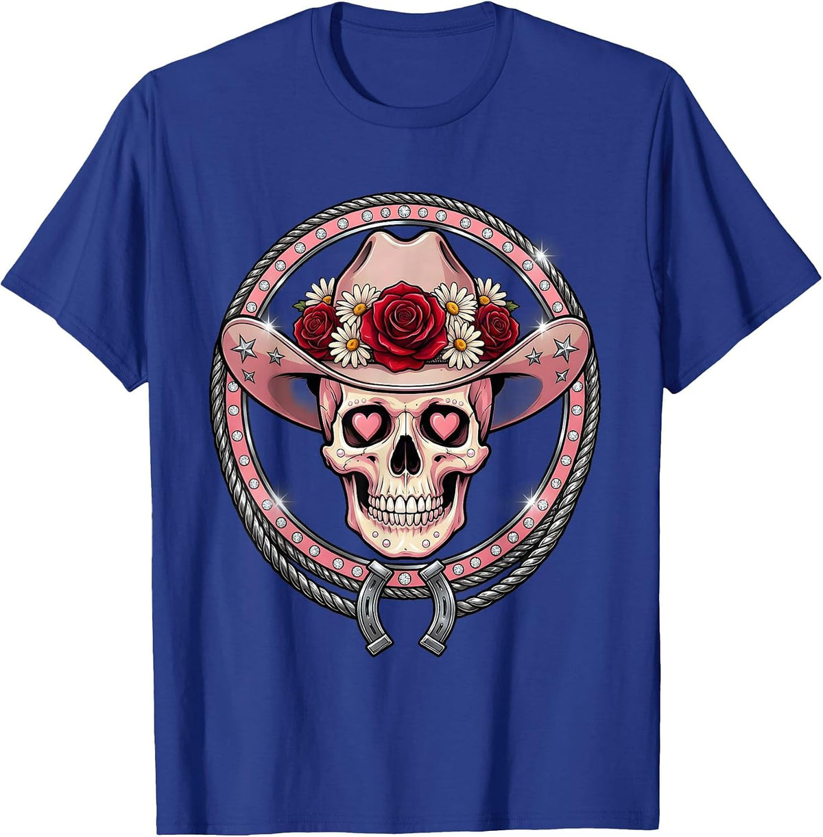 Floral Cowboy Hat Skull Western Design T-Shirt - Royal Blue