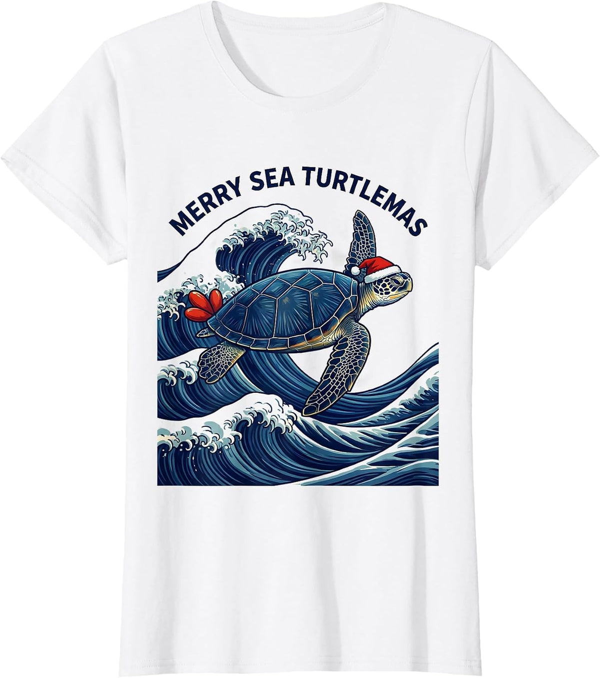 Women's Merry Sea Turtlemas Ukiyo-e Santa Hat Sea Turtle Lover T-Shirt - White