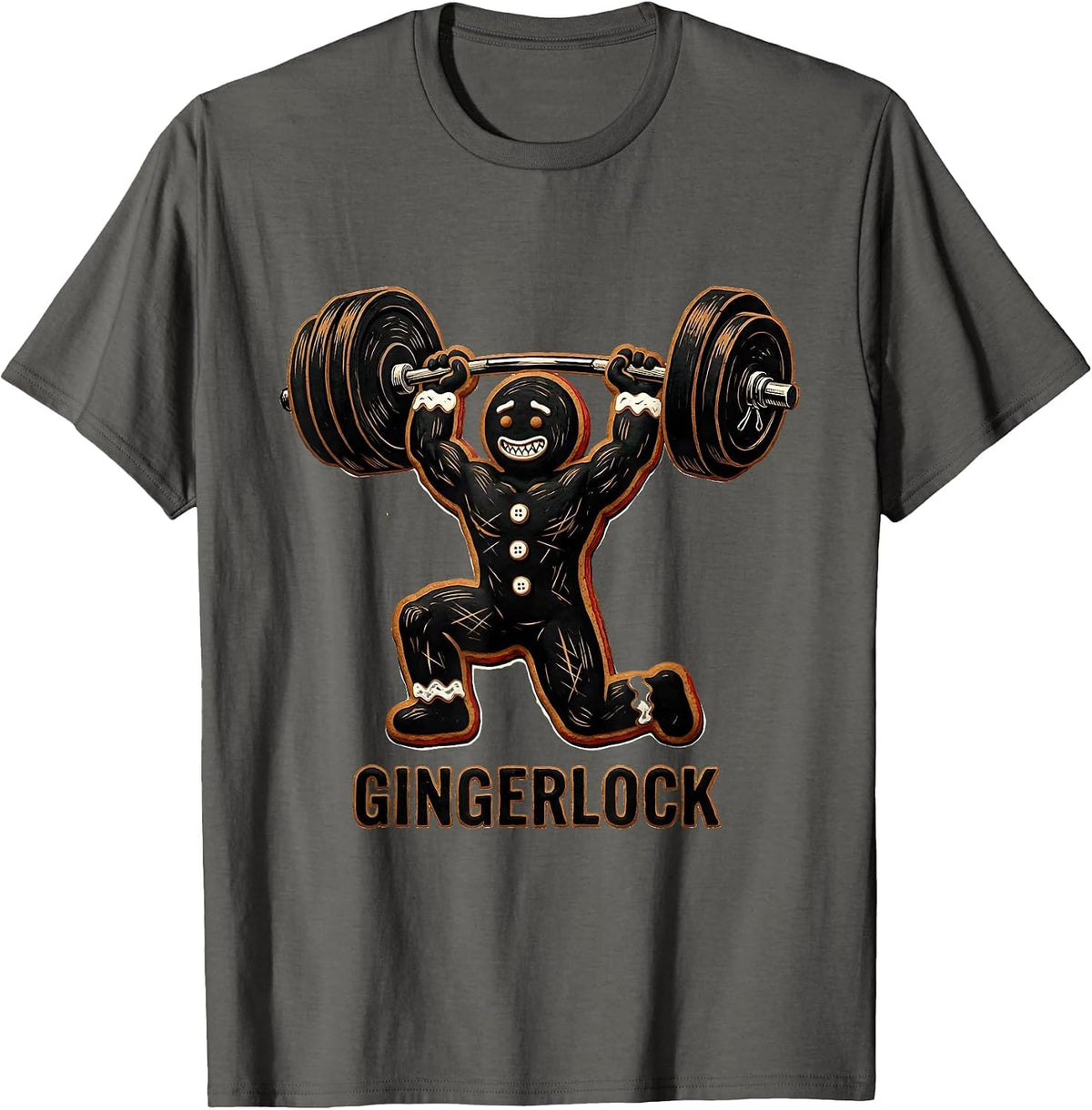 Gingerlock Linocut Gingerbread Man Gym Weightlifting T-Shirt - Asphalt Grey